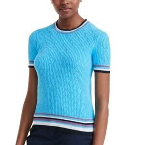 BROOKS BROTHERS Short Sleeve Pointelle Sweater Turquoise Aqua Large Cotton